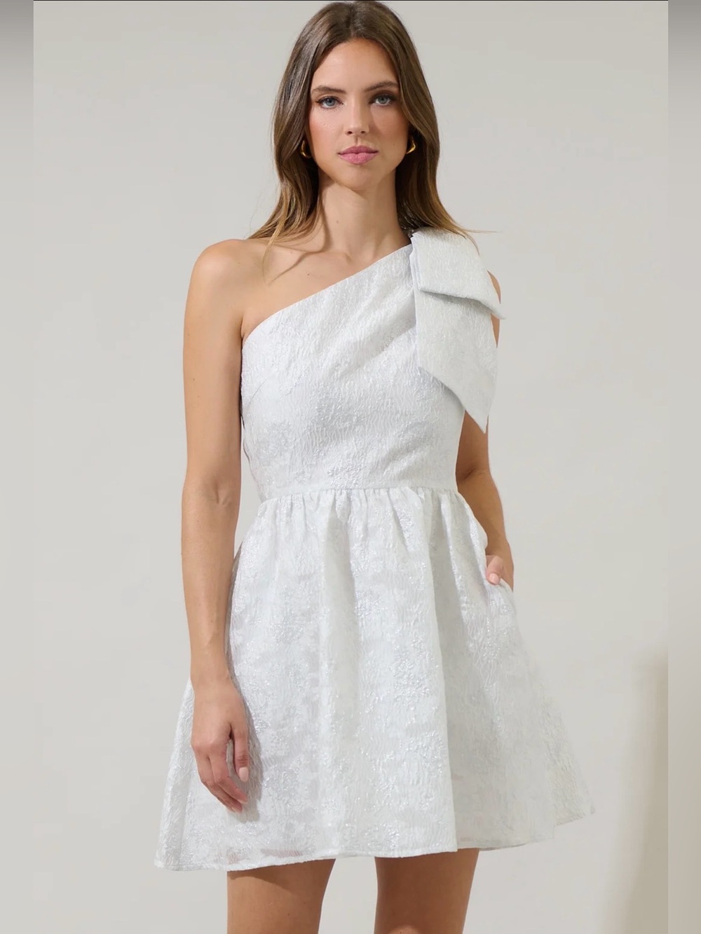 Sugarlips White and Silver One Shoulder Bow Mini Dress-Jacquard Floral Print- S